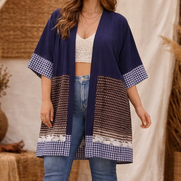 Patch & Roam Other - One-of-a-Kind Indigo blue & ivory print Patchwork Kimono | Blue Gingham Trim